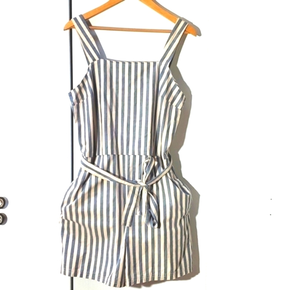 Impact- Womens Bib Overalls Organic Blue Stripe Preppy Nautical Coastal Sz.M